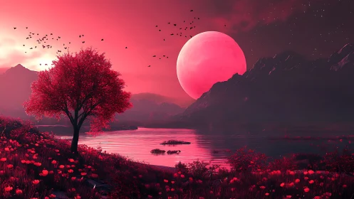 Crimson moonrise over surreal reflective lakeshore vista.