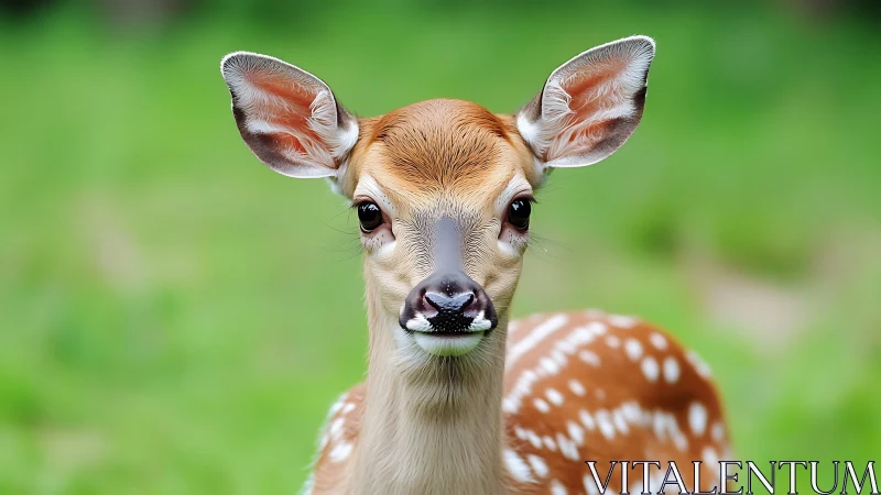 High-resolution frontal portrait of spotted fawn in shallow depth