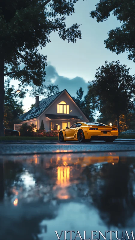 Yellow sports coupe at dusk before lit suburban house, reflections