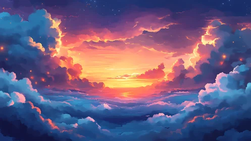 Radiant sky sunset ignites clouds with vivid neon light.