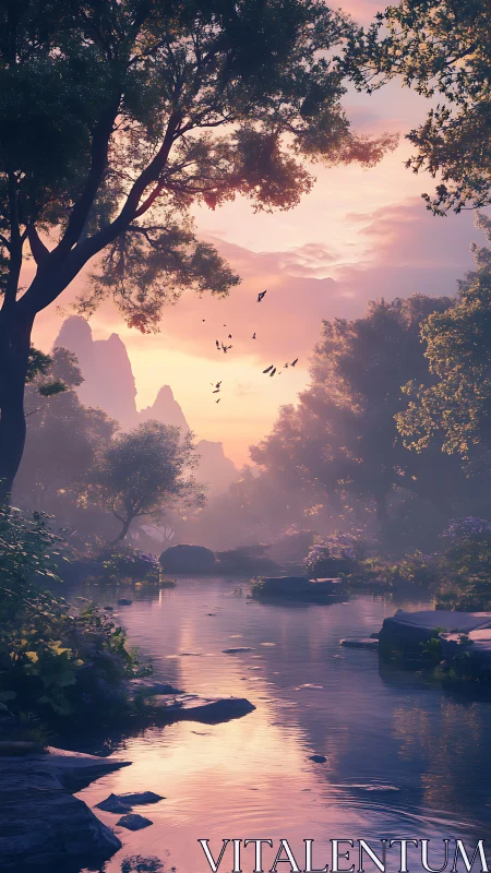 Soft sunrise river dreamscape with glowing forest light.