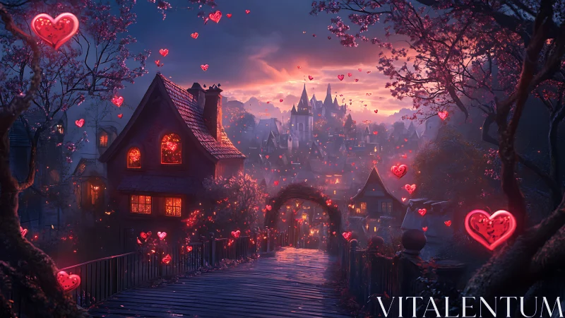 Fantasy village street with glowing neon hearts and castle.