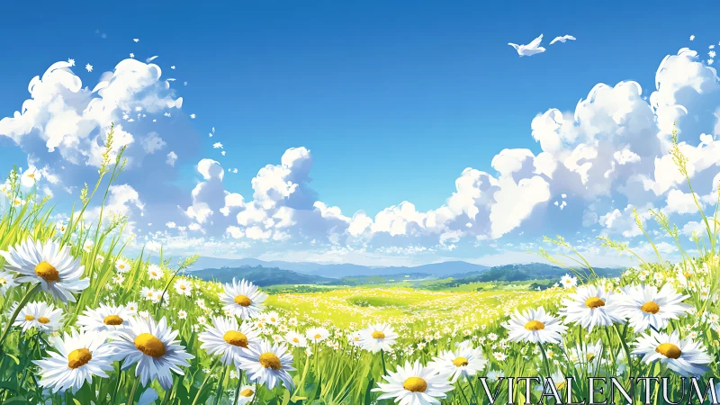 Daisy meadow under bright blue sky with tall white clouds.