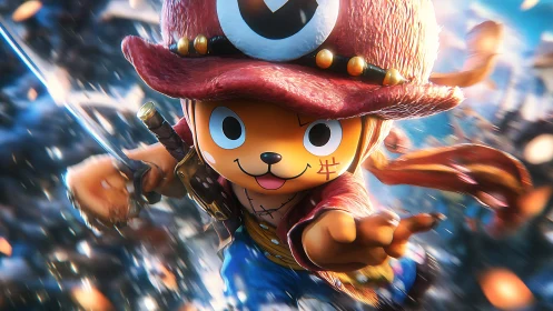 3D anime pirate mascot lunging forward in battle scene.