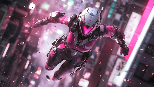Armored cybernetic operative dives through neon-lit city canyon