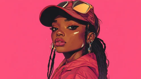 Bold digital portrait of confident woman in pink streetwear.