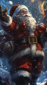 Joyful Santa Claus strides through a snowy festive street.