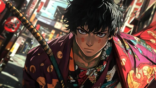 Samurai youth stares forward in neon city street scene