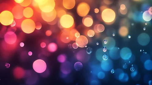 Vibrant bokeh lights shimmer around floating water droplets