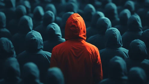 Solitary red hooded figure amid uniform dark crowd.