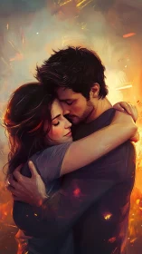 Romantic Embrace with Golden Hour Atmospheric Effects and Dynamic Lighting