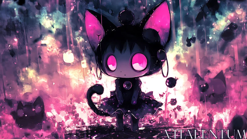 Luminescent chibi cat-entity in neon particulate stormscape.