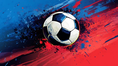 Soccer ball on bold red and blue abstract paint background.