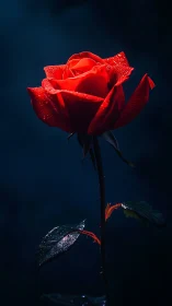Crimson rose with water droplets photographed against deep blue backdrop.