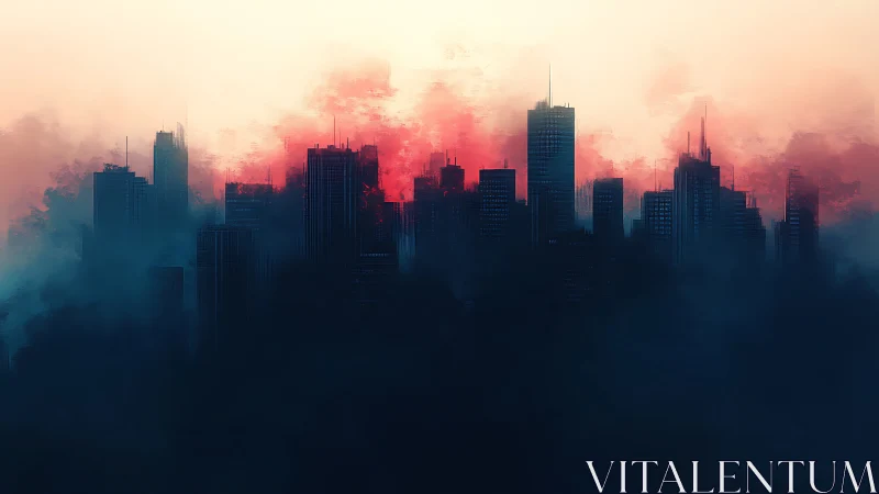 Highrise skyline obscured by atmospheric fog and crimson haze