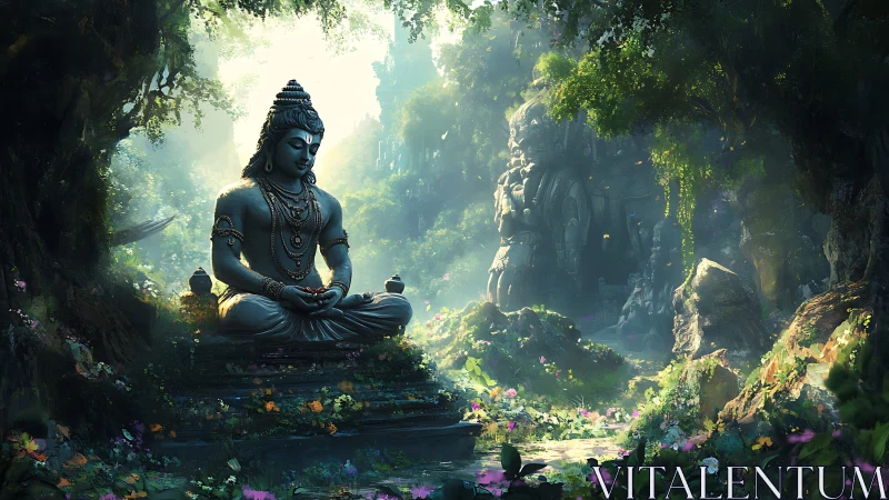 Forest light hums as a stone yogi anchors the waking jungle