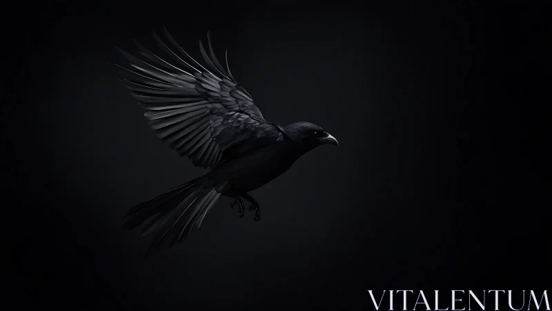 A Raven in Flight, Wings Spread Against Darkness.