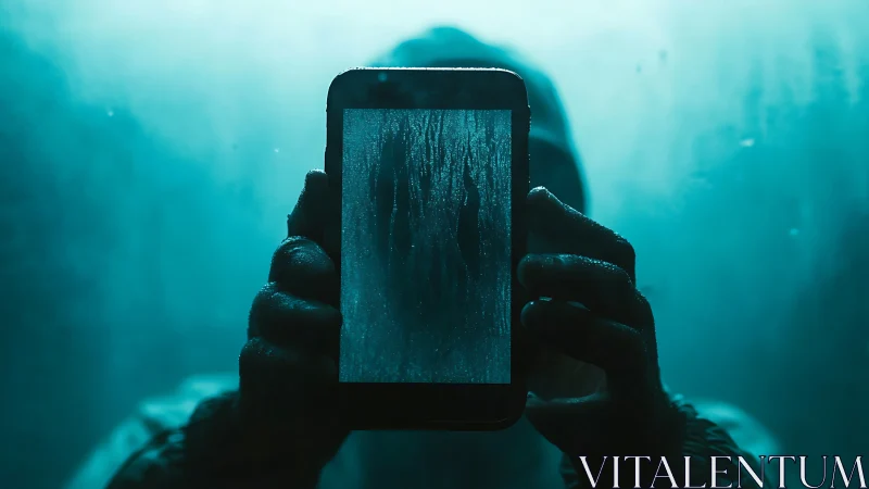 Backlit gloved hands present wet smartphone against teal haze