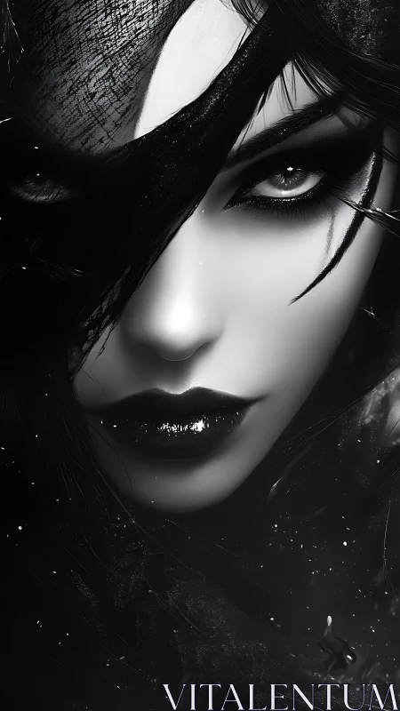 Monochrome digital portrait of mysterious woman in shadow