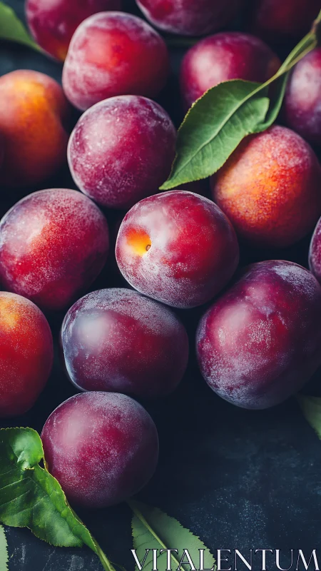 High-contrast macro still life of ripe red plums with leaves