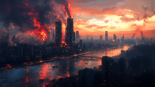 Burning futuristic skyline over river at dramatic sunset.