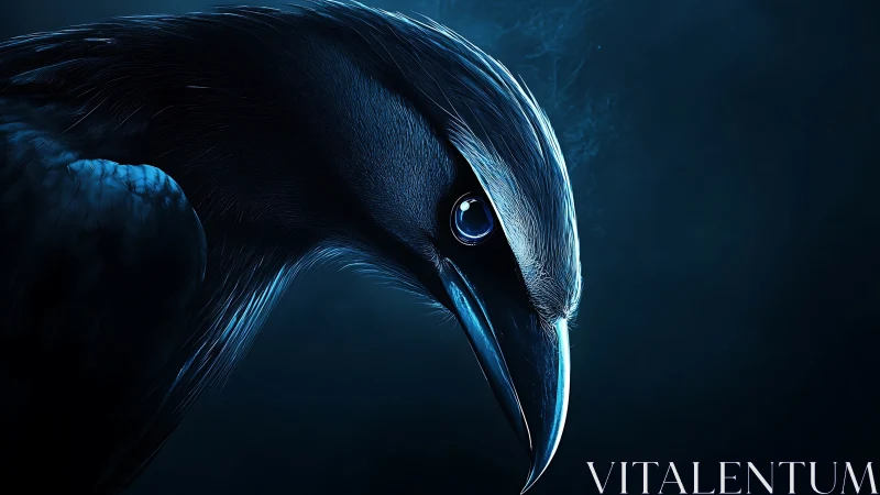 High-contrast raven profile rendered with luminous blue edge lighting