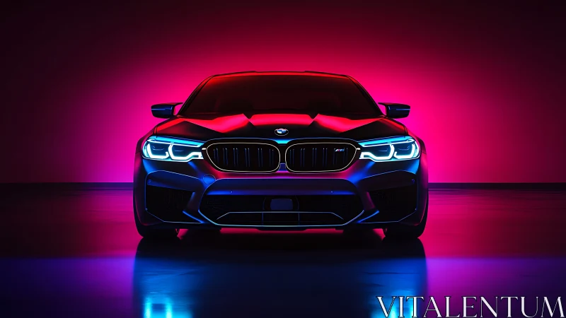 Sport sedan front view under neon pink and blue lights.