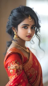 Photorealistic bridal portrait in crimson silk saree profile.