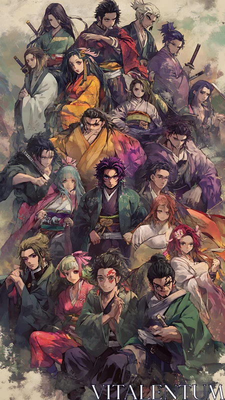 Samurai ensemble in layered kimonos with painterly anime rendering.