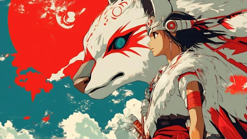 Wolf-guarded warrior gazes into a crimson storming sky