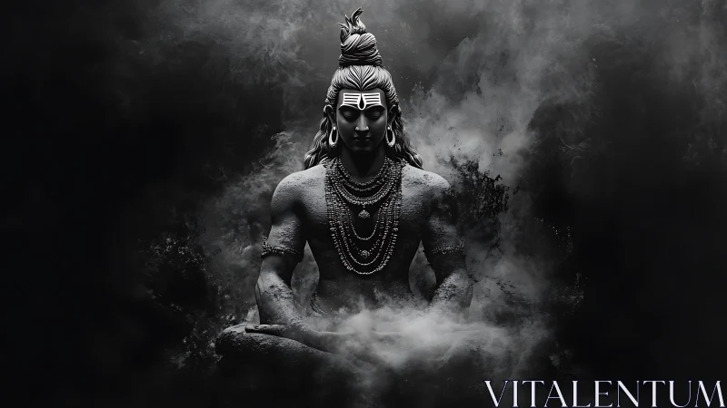 Calm meditative deity surrounded by swirling silver mist.