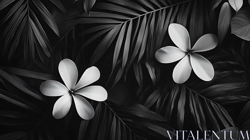 Monochromatic tropical composition with white plumeria flowers against radiating palm fronds