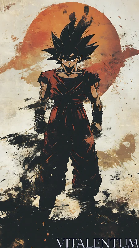 Bold anime warrior stands strong before a blazing sun sky