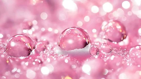 Macro photoreal droplets on crystalline pink bokeh field.