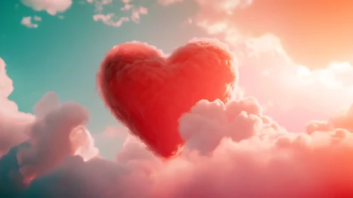 Crimson Heart Drifting Through Cotton Cloud Dreamscape.