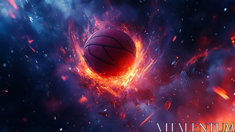 Fiery cosmic basketball exploding through glowing nebula.