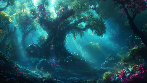 Enchanted Forest Sanctuary: Bioluminescent Ancient Grove with Ethereal Light.
