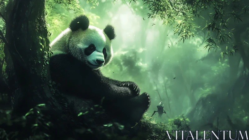 Giant panda resting in misty green bamboo forest scene.