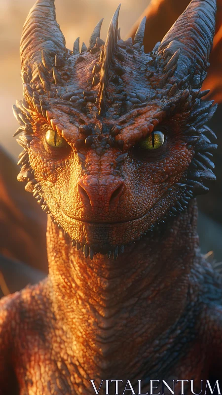 Sunlit crimson dragon portrait with molten scales detail.