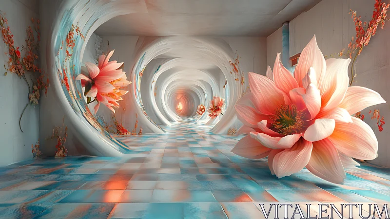 Surreal floral corridor with large pastel blossoms.