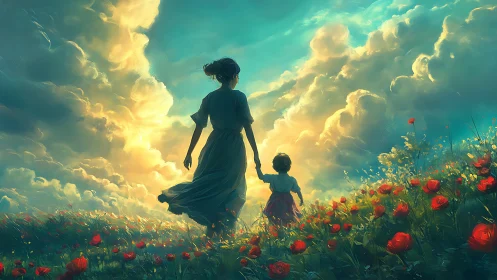 Sunlit clouds escort mother and child through wild poppies