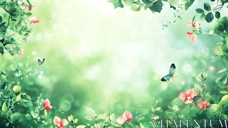 Lush green floral border with butterflies on soft bokeh field