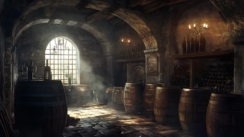 Old stone wine cellar with barrels and dusty bottles.