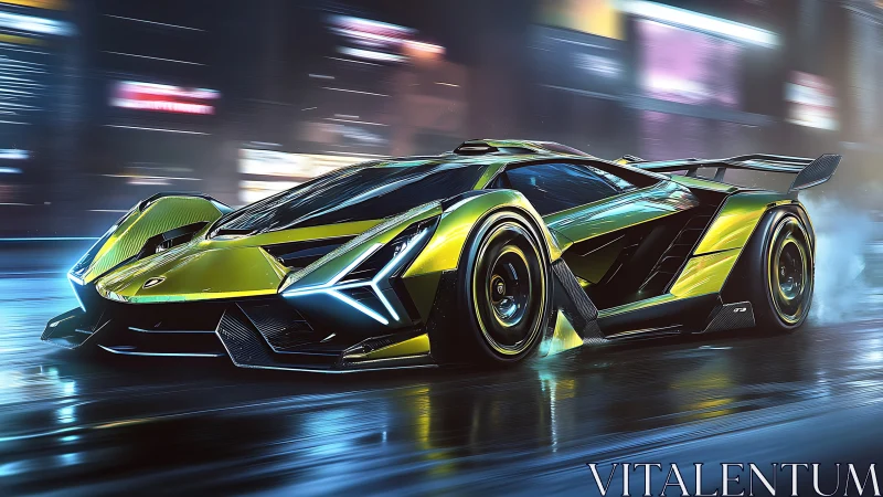 Neon hypercar accelerates through rain-soaked cyberpunk avenue
