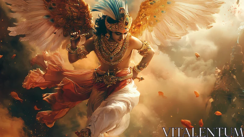 Winged mythological figure moves through dense golden clouds
