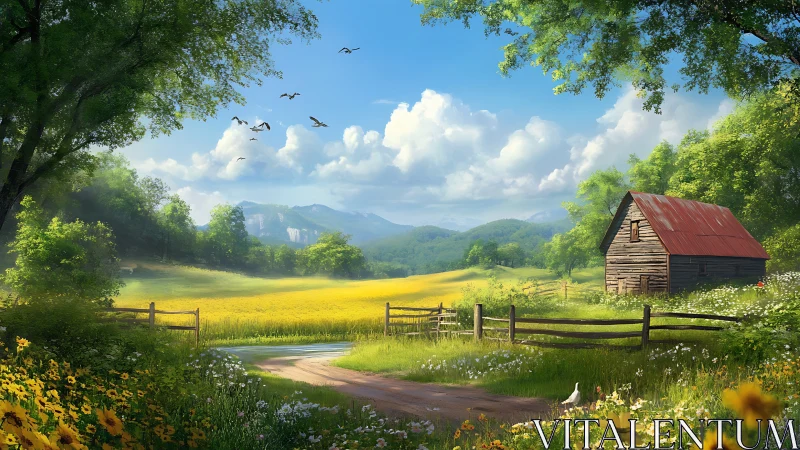 Idyllic rural meadow with barn rendered in luminous digital light