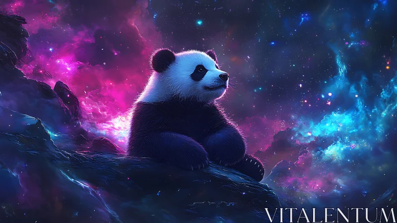 Digital panda illustration is positioned against nebula sky