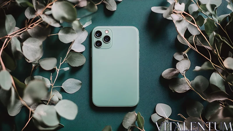 Mint Device Nestled Among Eucalyptus Whispers on Emerald Canvas.