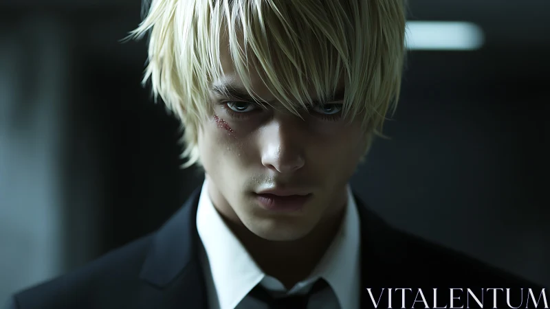 Blond anime antihero with scar in dark suit hallway.