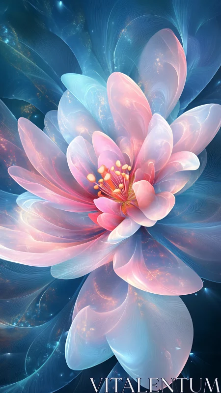 Digital translucent flower abstraction with blue backdrop.